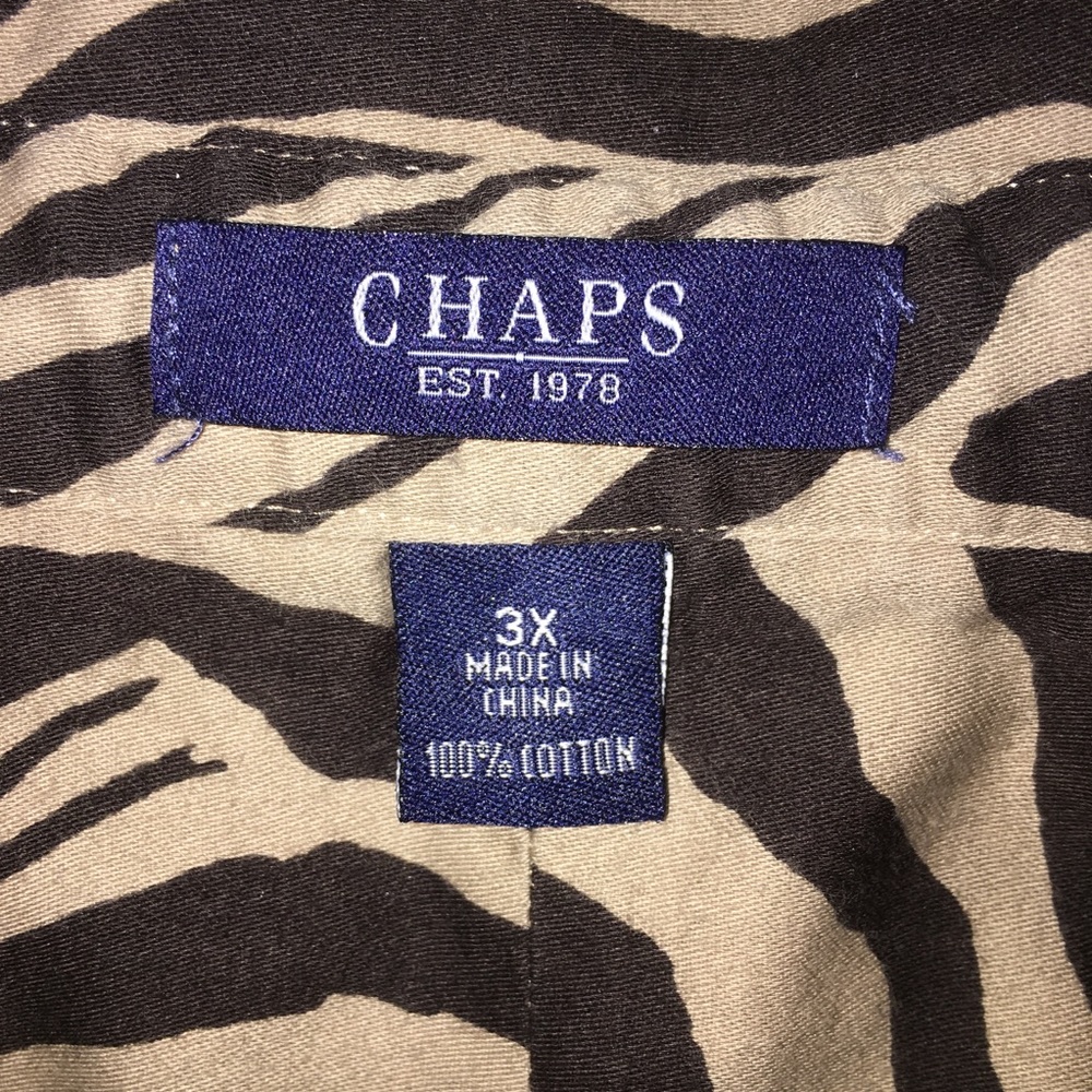 Animal Print Button Down Shirt, Chaps Zebra Print Top, Tiger, 3/4 Sleeve Plus 3x - Picture 9 of 14